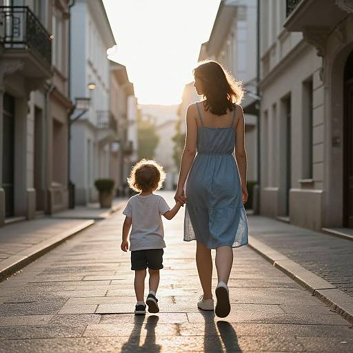 Photograph of a woman in a blue dress and a young boy holding hands, walking down a sunlit, narrow European street.