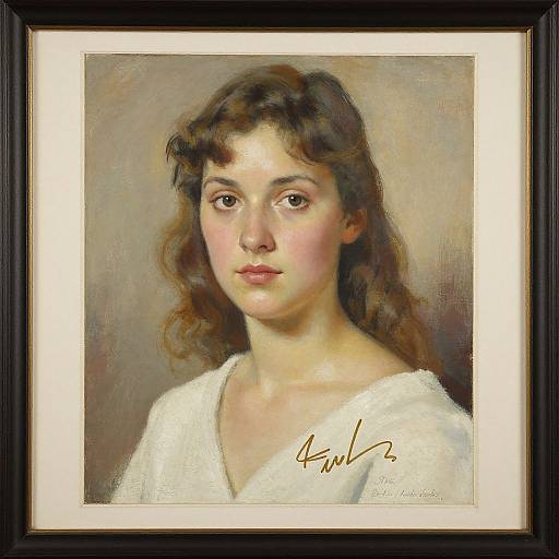 Oil painting of a young woman with wavy brown hair, fair skin, and brown eyes, wearing a white top, signed 