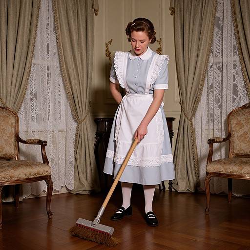 Photograph of a 1950s-style maid in light blue dress with white apron, black shoes, and lace curtains, sweeping a wooden floor