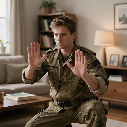 Crouched Defender in Mid-Century Living Room