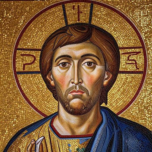 Digital mosaic of Jesus Christ with brown hair, beard, and golden halo, wearing a blue robe over a gold tunic.