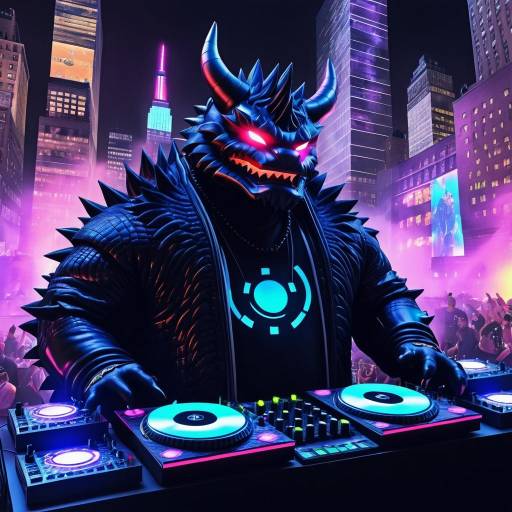 Futuristic Dragon DJ in Neon City Night