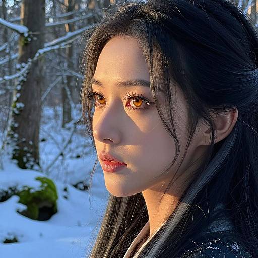Photorealistic digital portrait of a young Asian woman with long black hair, golden-brown eyes, and red lips, standing in a snowy forest,