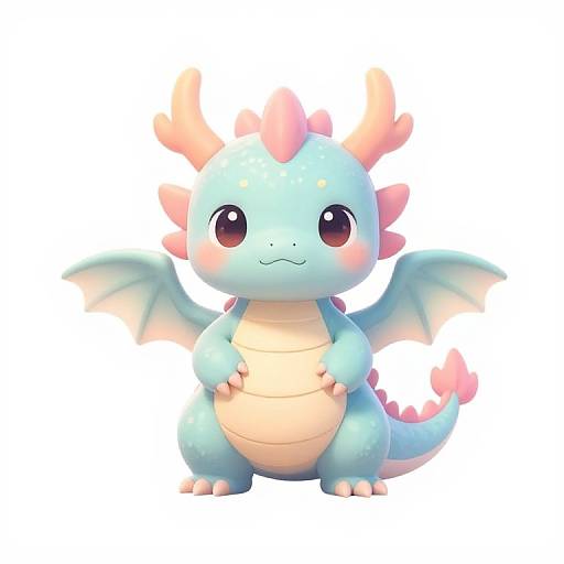 Cute digital illustration of a chubby, blue baby dragon with pink horns, wings, and tail, standing on two legs with large, round brown eyes