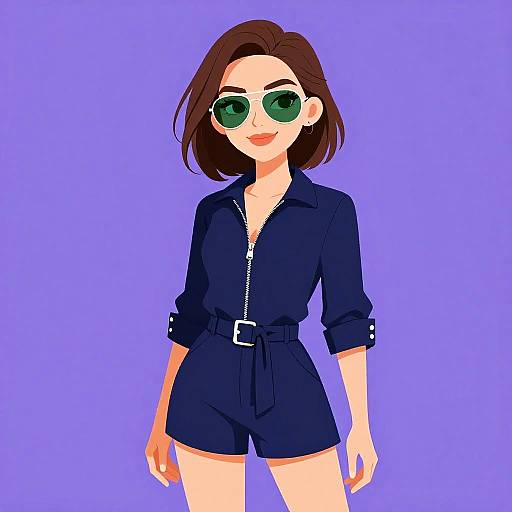 Digital anime-style drawing of a smiling woman with short brown hair, green sunglasses, and a navy blue zip-up jumpsuit, against a solid purple background