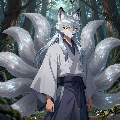 Digital anime-style drawing of a white fox kitsune with nine fluffy tails, yellow eyes, wearing a white kimono and black hakama, standing in