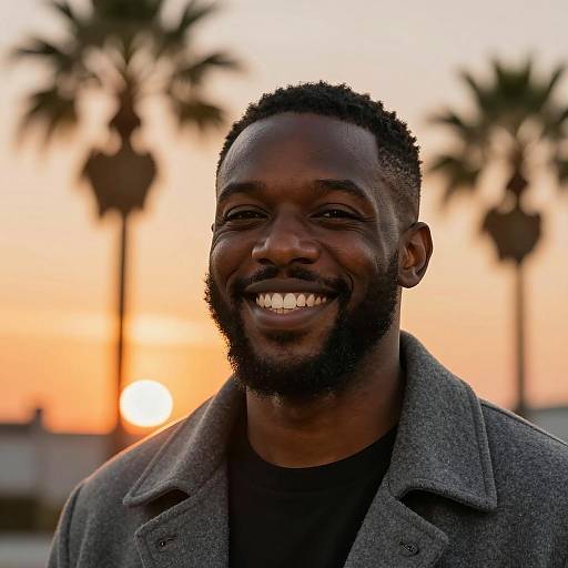 Smiling Black Man at Sunset with Palm Trees