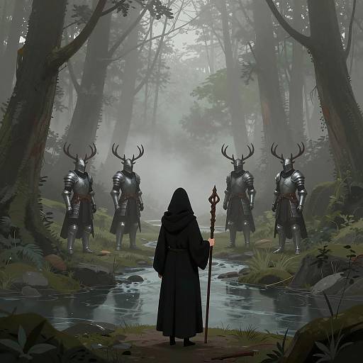 Mysterious Hooded Figure Confronting Armored Knights in Misty Forest