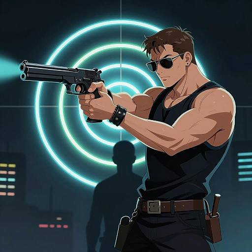 Muscular Hero Aiming with Neon Accents