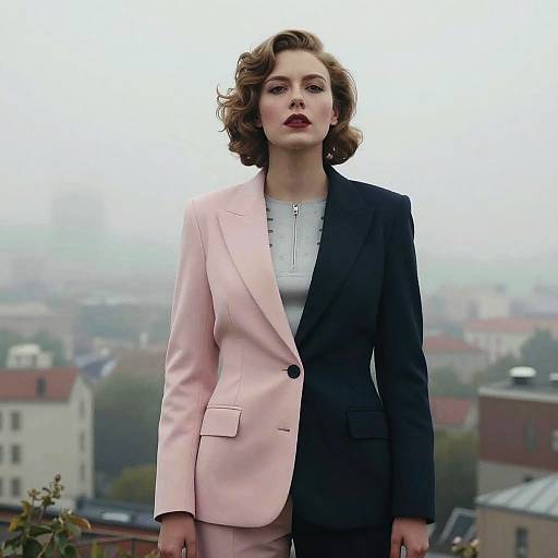 Photograph of a confident woman with curly brown hair, wearing a pink and black split-color blazer, standing on a rooftop with a foggy city