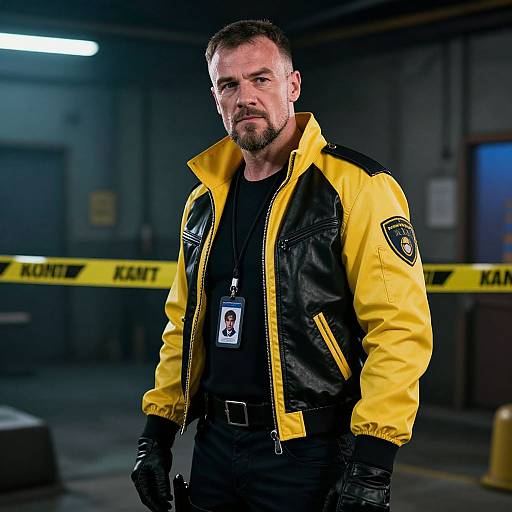 Photograph of a serious, bearded man with short hair, wearing a yellow and black leather jacket, black shirt, and gloves, in a dim