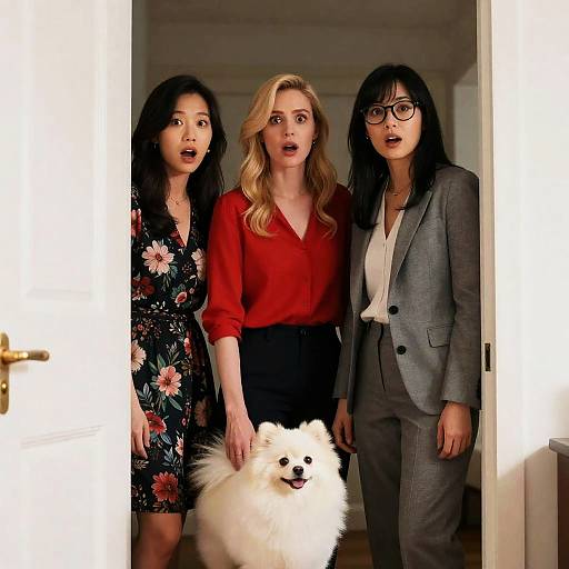 Three Women and a Pomeranian in Doorway