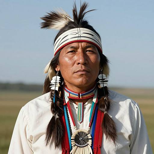 Photograph of a Native American man with tan skin, black and white braided hair, white traditional shirt, red and blue bead necklace, and white