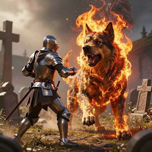 Digital artwork: Armored knight with sword confronts fiery, roaring wolf amidst a graveyard with crosses, grass, and smoke. Intense battle scene.