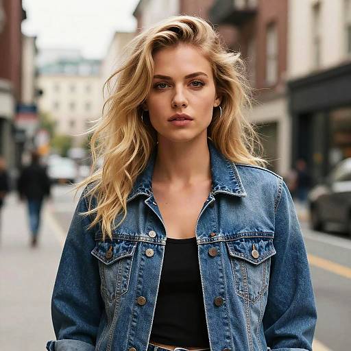 Photograph of a blonde woman with wavy hair, wearing a blue denim jacket over a black top, standing on a city street with blurred buildings and