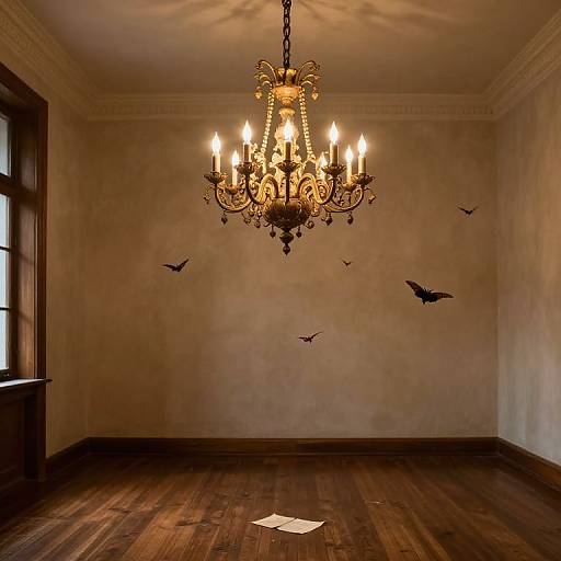 Photograph of an empty room with ornate chandelier, wooden floor, beige walls, and black bird decals, lit by warm light.