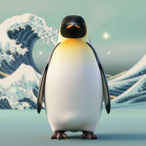 Glowing Oversized Penguin in Hokusai Style