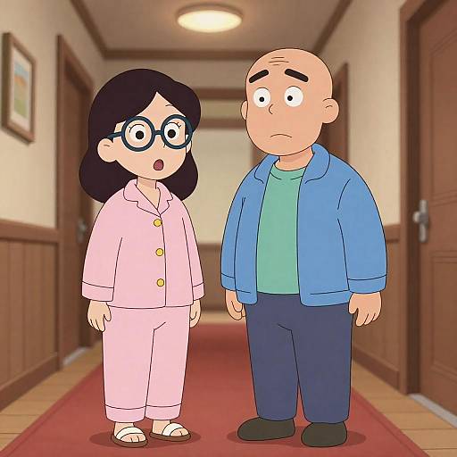 Surprised Woman, Concerned Man in Hallway