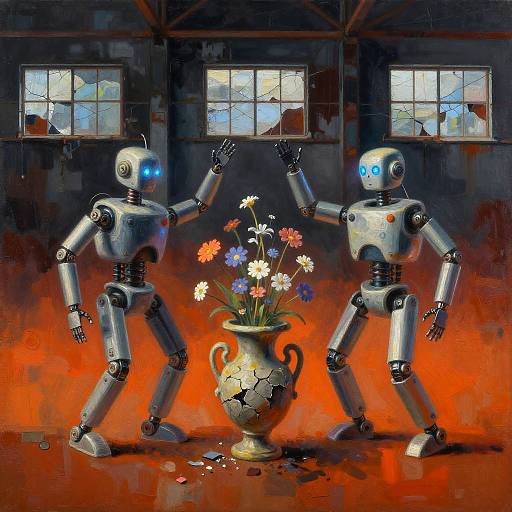 Futuristic Robots Dancing Around Cracked Urn with Wildflowers