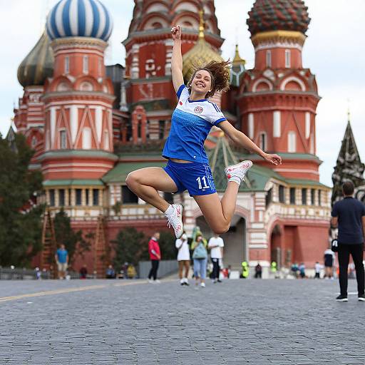 Photograph of a joyful woman in blue sports uniform mid-jump against the backdrop of Moscow's iconic red and white St. Basil's Cathedral.