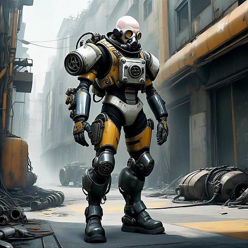 Cybernetic soldier with white helmet, black and yellow armor, standing in a futuristic, dystopian alley with industrial debris and sunlight. Digital art
