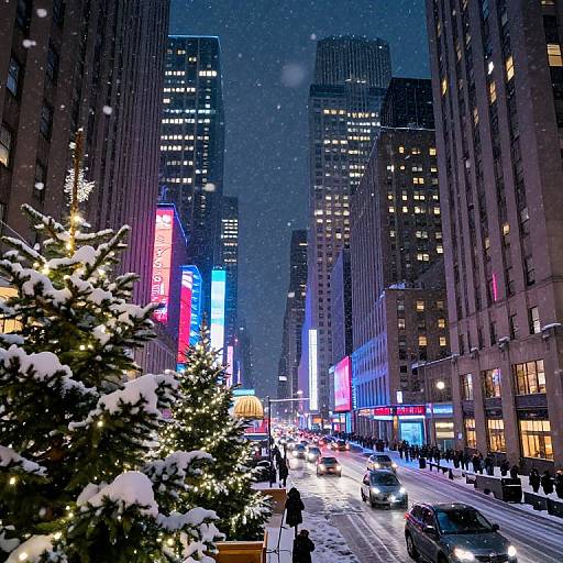 Photograph of a snowy urban street at night, featuring illuminated skyscrapers, Christmas trees, cars, and pedestrians in a bustling city.