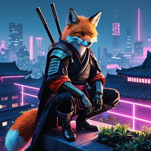 Futuristic Samurai Fox in Neon Garden