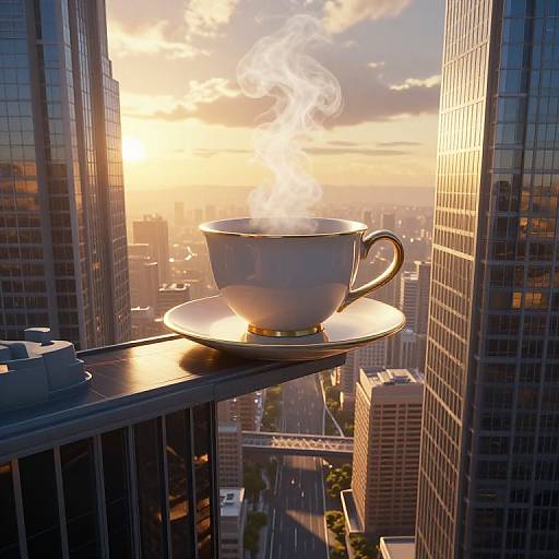 Photograph of a white teacup with steam, on a saucer, on a balcony overlooking a sunset-lit city skyline with tall skyscrap