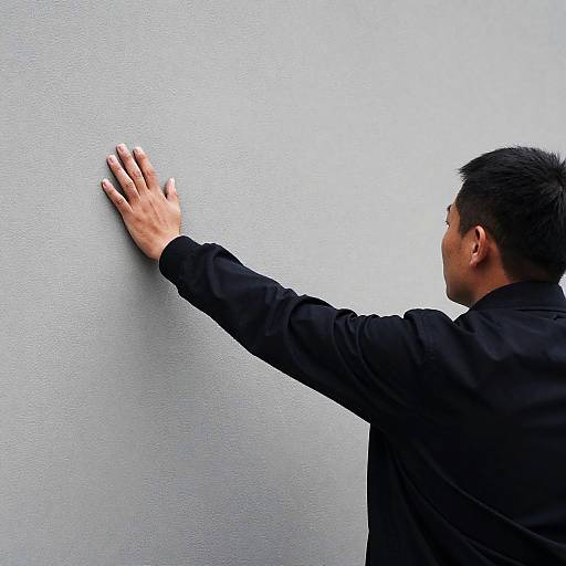 Man touching gray wall