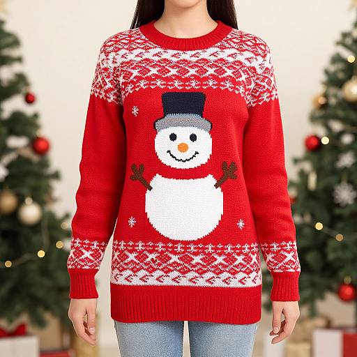 Photograph of a woman wearing a red Christmas sweater with a snowman graphic and white snowflake patterns, standing in front of blurred Christmas trees.