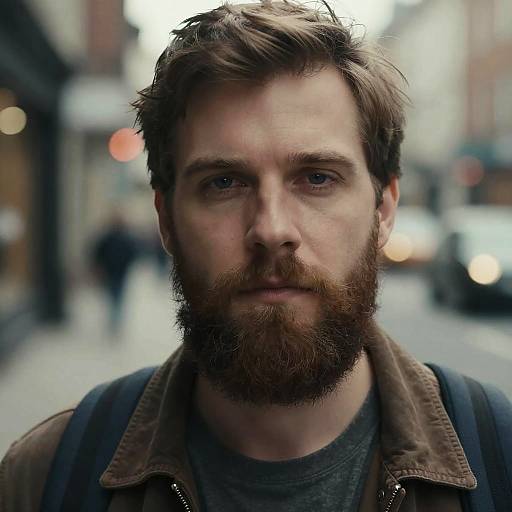 Close-up photograph of a bearded man with brown hair, wearing a brown jacket and gray shirt, standing on a blurred city street.