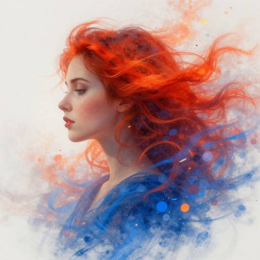 Digital painting of a fair-skinned woman with vibrant red hair flowing, wearing blue, against a colorful, abstract background. She gazes thoughtfully to