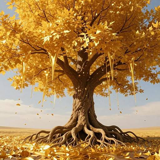 Photograph of a majestic autumn tree with golden-yellow leaves, long drooping branches, and exposed, sprawling roots, set against a bright blue sky.
