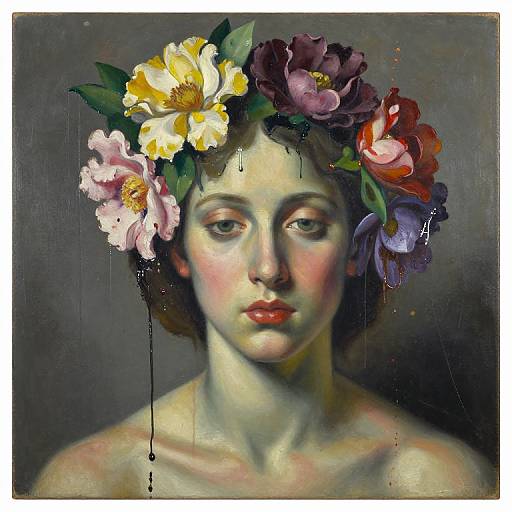 Digital painting of a pale-skinned woman with a flower crown, featuring yellow, pink, and purple flowers, with dark, dripping paint on a gray