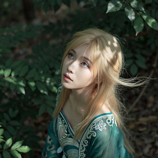 Photograph of a young blonde woman with fair skin and blue eyes, wearing a green, intricately patterned top, standing in a shadowy,