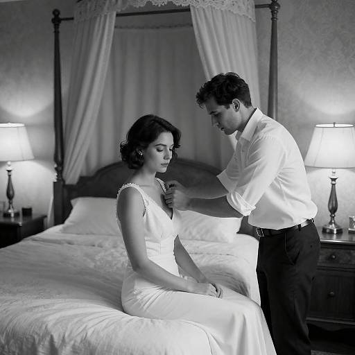 Intimate Bedroom Moment in Monochrome