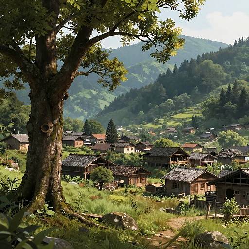 Photograph of a serene, sunlit village nestled in a lush, mountainous landscape with traditional wooden houses, a large tree in the foreground, and