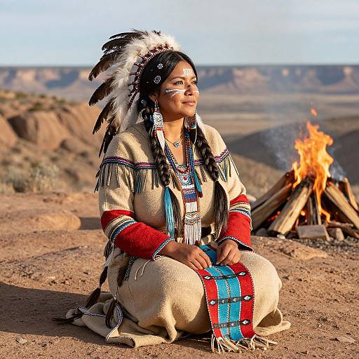 Photograph of a Native American woman with dark skin, braided hair, and white face paint, kneeling in front of a campfire in a desert