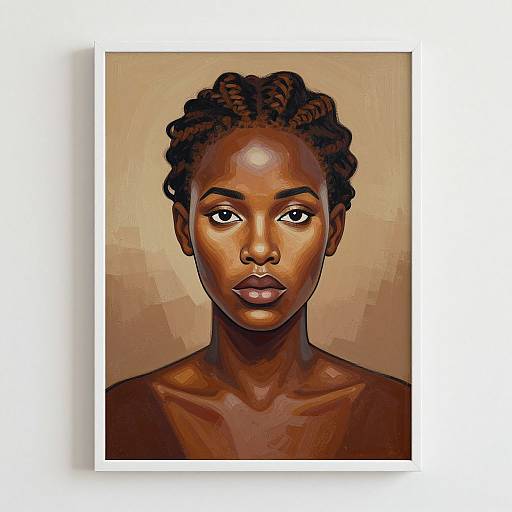 Digital portrait of a dark-skinned woman with short, twisted hair, large eyes, and full lips, against a beige, geometric background.