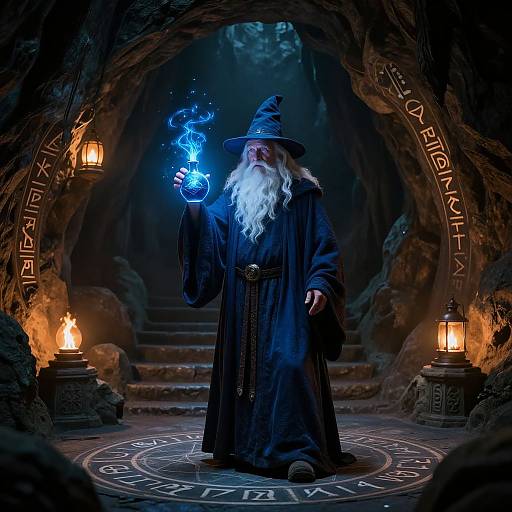 Photorealistic digital art of a white-bearded wizard in a blue robe, hat, and holding glowing blue magic, standing in a cave-like stone