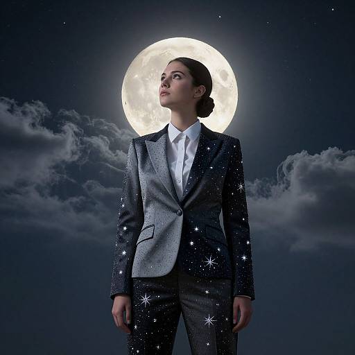 Photograph of a determined woman in a glittery, star-patterned suit, standing under a glowing full moon, with dark clouds in the night sky