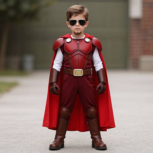 Photograph of a young boy in a superhero costume with red armor, cape, black boots, gloves, sunglasses, and white shirt.
