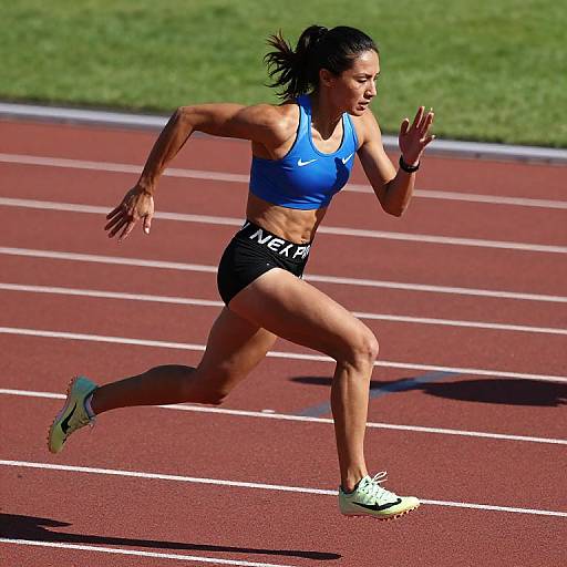Photograph of a muscular, tan-skinned woman with black hair in a ponytail, wearing a blue sports bra, black shorts, and green shoes