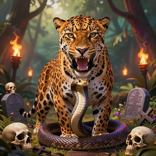 Fierce Leopard and Coiled Snake Artwork