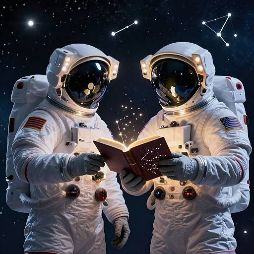 Photograph of two astronauts in white space suits with illuminated helmets, standing in space, holding a glowing open book. Stars and constellations fill the