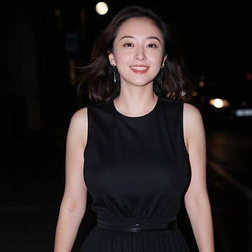 Photograph of an Asian woman with shoulder-length black hair, smiling, wearing a sleeveless black dress, standing against a dark night background with blurred city