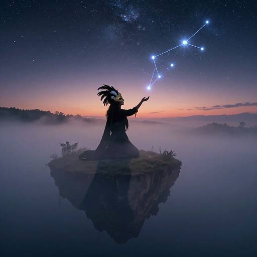 Silhouetted indigenous figure with feathered headdress on floating island, pointing at constellation in starry, twilight sky with misty horizon. Digital