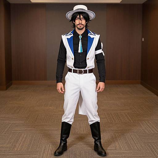 Photograph of a man in a white cowboy hat, black shirt, white pants, black boots, and blue tie, standing in a brown-carpet