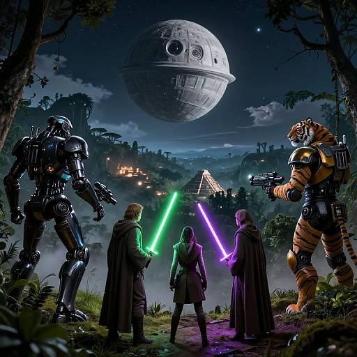 Digital artwork of Star Wars-style scene: four Jedi in robes with glowing lightsabers face off against a robotic soldier and tiger-like warrior under a moon