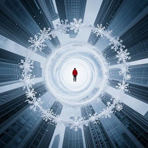 Vortex of Spiraling Snowflakes Above City